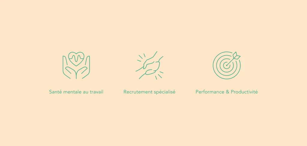 Pictogrammes Nexoria Rh illustrant la santé mentale, le recrutement et la performance