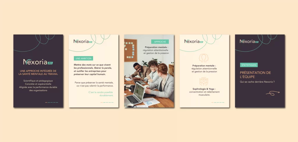 Déclinaisons de l'identité Nexoria Rh sur différents supports de communication