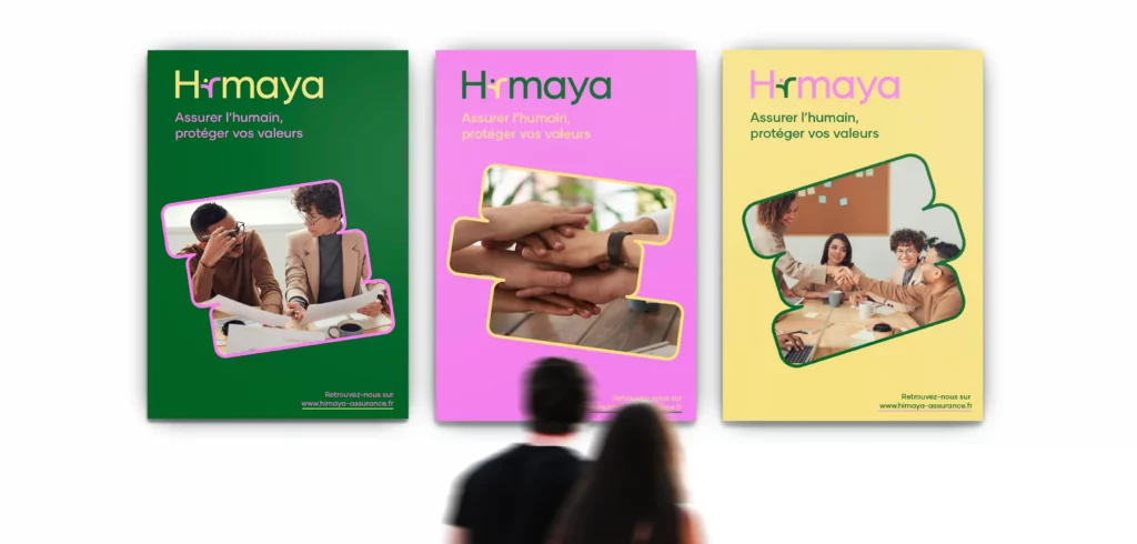 Déclinaisons d'affiches publicitaires Himaya dans les couleurs de l'identité visuelle