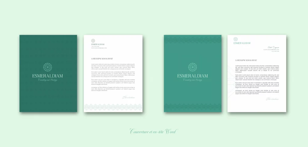 Documents avec l'identité visuelle d'Esmeraldiam pour ses clients