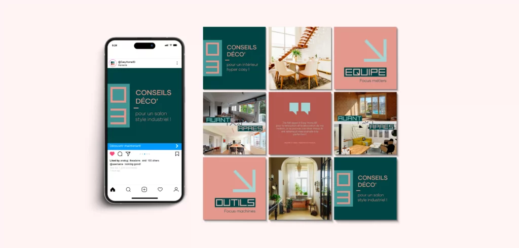 Téléphone et posts pour instagram avec des templates graphiques de l'identité visuelle