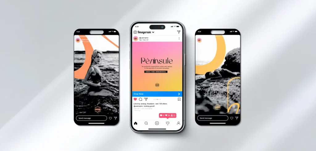 Déclinaison de l'identité visuelle Péninsule sur Instagram et les réseaux sociaux