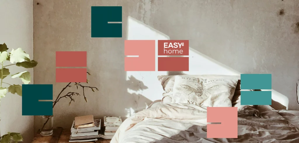Système de formes modulaires de l'identité visuelle Easy Home appliqué à un intérieur